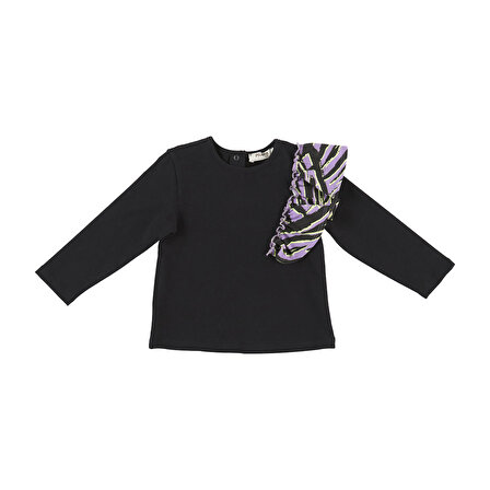 Panço Kız Çocuk Fırfır Detaylı Uzun Kollu T-Shirt Siyah