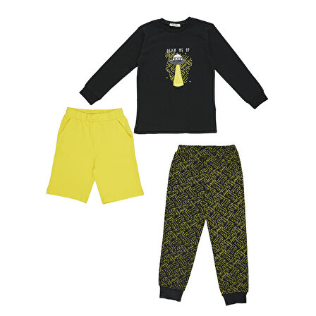 Panço Erkek Çocuk 3'lü Set Pijama Takımı Siyah