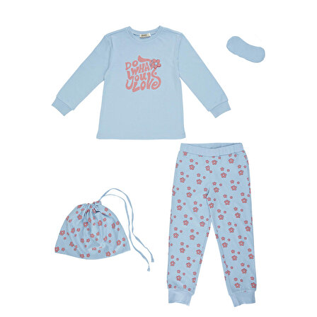 Kız ÇocukBaskı Detaylı Pijama Takımı Mavi