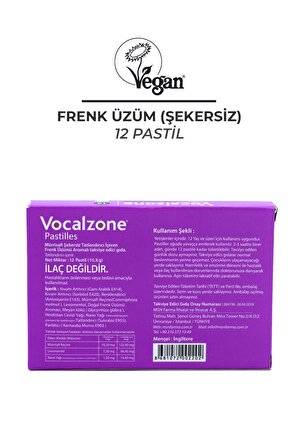 Vocalzone Frenk Üzümlü (Şekersiz) Pastil 12'li + 3'lü Paket