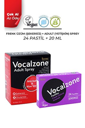 Vocalzone Frenk Üzümlü (Şekersiz) Pastil 24'lü + Vocalzone Adult (Yetişkin) Sprey 20ml