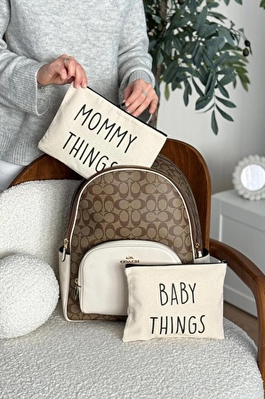 Anne Bebek Kanvas Çanta Seti - Clutch Seyahat Bakım ve Makyaj Çantası - 2'li Mommy Baby Set