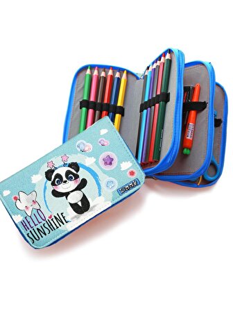 Kalem Kutusu Panda Kawai Organizer Kalemkutu Vegan Deri Üç Bölmeli Kalemlik-Mavi