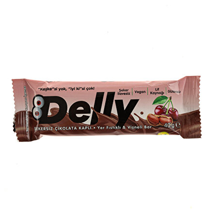 Delly Şekersiz Çikolata Kaplı Yer Fıstıklı & Vişneli Bar 40 gr