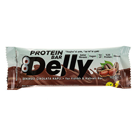 Delly Şekersiz Çikolata Kaplı Yer Fıstıklı & Kahveli Protein Bar 40 gr