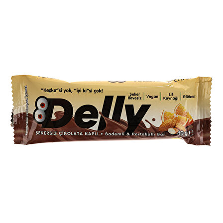 Delly Şekersiz Çikolata Kaplı Bademli & Portakallı Bar 40 gr