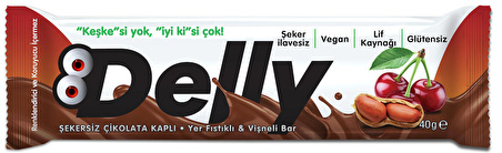 DELLY Şekersiz Çikolata Kaplı-Yer Fıstıklı & Vişneli Bar 12 x 40 g