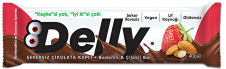 DELLY Şekersiz Çikolata Kaplı-Bademli & Çilekli Bar 12 x 40 g