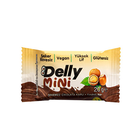 DELLY Şekersiz Çikolata Kaplı - MİNİ Fındıklı Bar 24 x 20 g