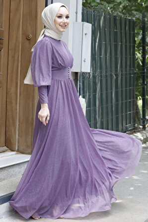 Düz Orta Kadın Lila Abiye Elbise - 11003