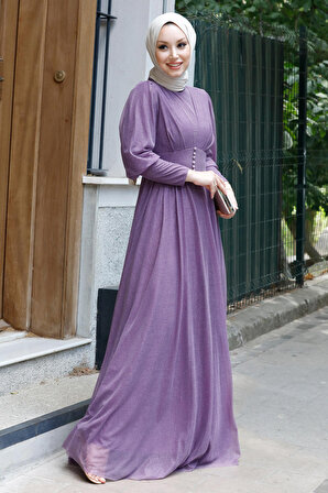 Düz Orta Kadın Lila Abiye Elbise - 11003