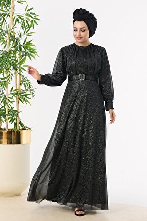 Düz Orta Kadın Siyah Abiye Elbise - 11005