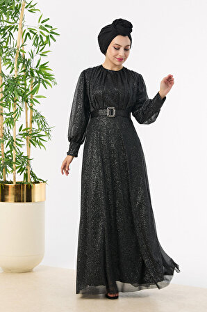 Düz Orta Kadın Siyah Abiye Elbise - 11005