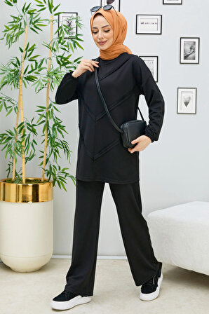 Düz Orta Kadın Siyah Tunik Pantolon - 11055