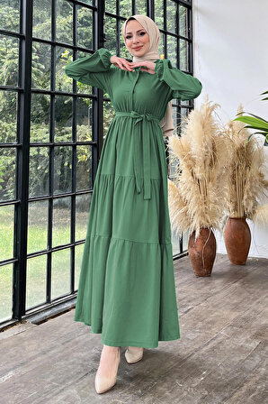 Düz Gömlek Yaka Kadın Haki Elbise - 11492
