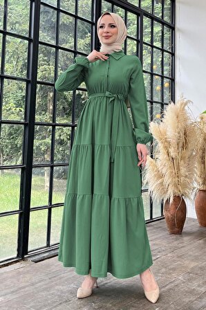 Düz Gömlek Yaka Kadın Haki Elbise - 11492