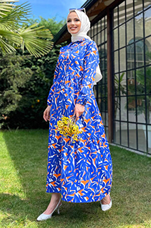 Düz Gömlek Yaka Kadın Mavi Elbise - 11690