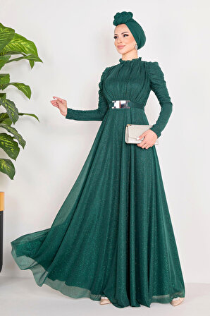 Düz Hakim Yaka Kadın Yeşil Abiye Elbise - 23119