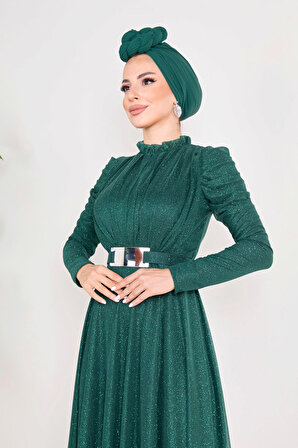 Düz Hakim Yaka Kadın Yeşil Abiye Elbise - 23119
