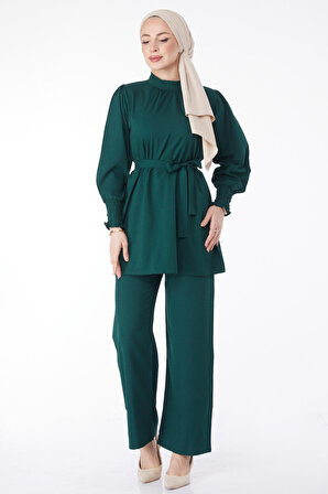 Düz Hakim Yaka Kadın Yeşil Tunik+Pantolon - 13019