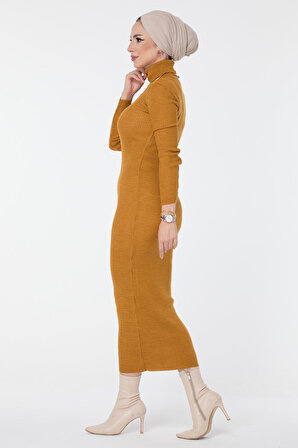 Düz Balıkcı Yaka Kadın Sarı Triko Elbise - 23638