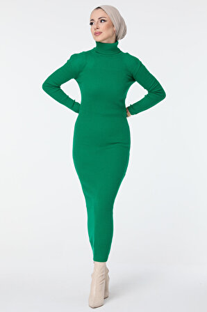 Düz Balıkcı Yaka Kadın Yeşil Triko Elbise - 23638