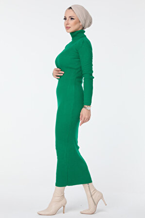Düz Balıkcı Yaka Kadın Yeşil Triko Elbise - 23638