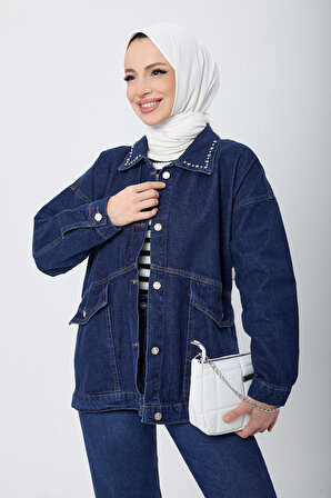 Düz Gömlek Yaka Kadın Mavi Yakası Taş Detaylı Kot Ceket - 23622