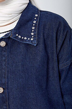 Düz Gömlek Yaka Kadın Mavi Yakası Taş Detaylı Kot Ceket - 23622