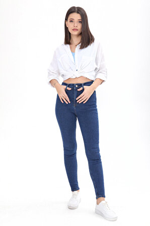 Düz Orta Kadın Mavi Skinny Likralı Kot Pantolon - 23656