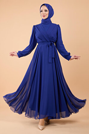 Düz Hakim Yaka Kadın Mavi Kruvaze Yaka Kuşaklı Abiye Elbise - 23864