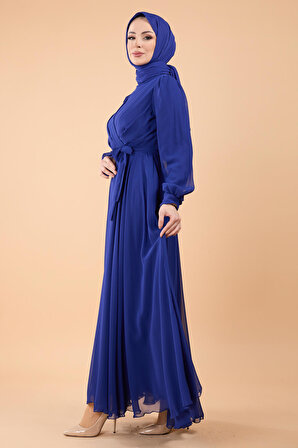 Düz Hakim Yaka Kadın Mavi Kruvaze Yaka Kuşaklı Abiye Elbise - 23864