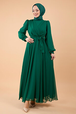 Düz Hakim Yaka Kadın Yeşil Kruvaze Yaka Kuşaklı Abiye Elbise - 23864