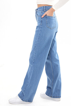 Düz Orta Kadın Mavi Wide Leg Yüksek Bel Kot Pantolon - 23664