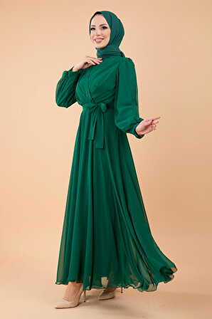 Düz Hakim Yaka Kadın Yeşil Kruvaze Yaka Kuşaklı Abiye Elbise - 23864