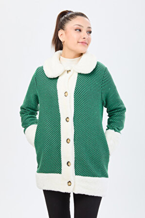 Düz Ceket Yaka Kadın Yeşil Ceket - 13095