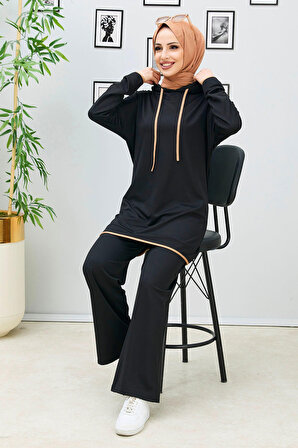 Düz Kapşonlu Yaka Kadın Siyah Battal Beden Tunik Pantolon - 13098