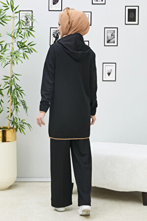 Düz Kapşonlu Yaka Kadın Siyah Battal Beden Tunik Pantolon - 13098