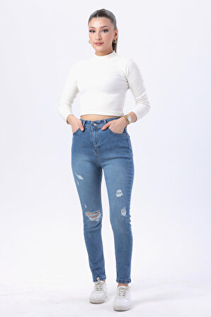 Düz Orta Kadın Mavi Likralı Skinny Kot Pantolon - 23812