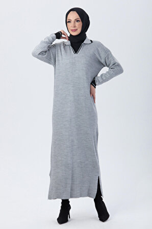 Düz Gömlek Yaka Kadın Gri Triko Elbise - 24117