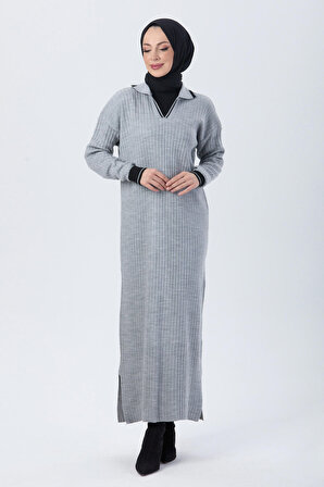 Düz Gömlek Yaka Kadın Gri Triko Elbise - 24117