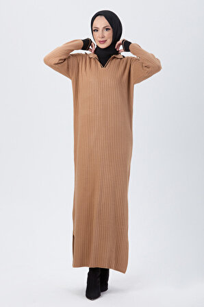 Düz Gömlek Yaka Kadın Taba Triko Elbise - 24117