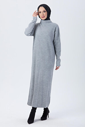 Düz Yarım Balıkçı Yaka Kadın Gri Triko Elbise - 24119
