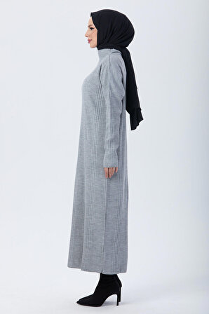 Düz Yarım Balıkçı Yaka Kadın Gri Triko Elbise - 24119
