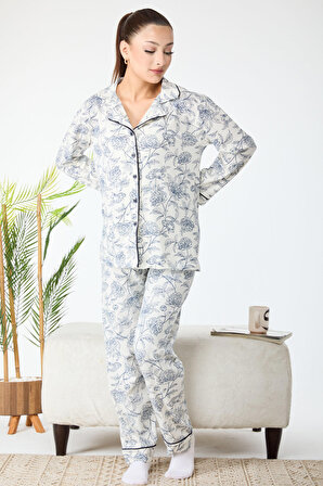 Düz Gömlek Yaka Kadın Beyaz Denenli Pijama Takımı - 24301