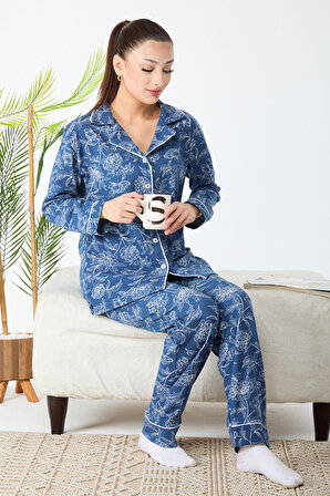 Düz Gömlek Yaka Kadın Lacivert Denenli Pijama Takımı - 24301