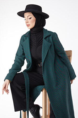 Düz Ceket Yaka Kadın Yeşil Kuşaklı Kaşe Kaban - 13115