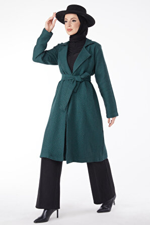 Düz Ceket Yaka Kadın Yeşil Kuşaklı Kaşe Kaban - 13115