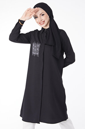 Düz Gömlek Yaka Kadın Siyah Cep Nakış Detaylı Tunik - 13123