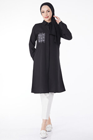 Düz Gömlek Yaka Kadın Siyah Cep Nakış Detaylı Tunik - 13123